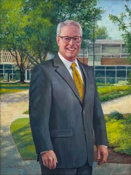 painting of a man wearing a gray suit standing outside before architecture at Kennesaw State University