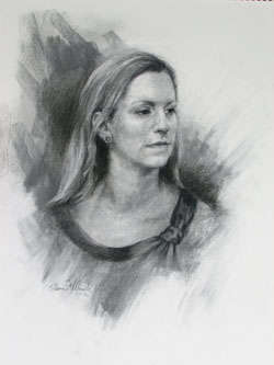 charcoal portrait of a young woman with long hair