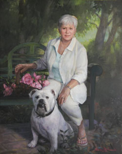 oil portrait painting of a woman wearing white seated with a basket of pink roses and her white bulldog