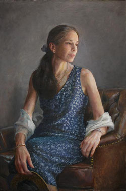 portrait painting of a long-haired brunette woman wearing a patterned navy blue summer dress while seated on a leather chair