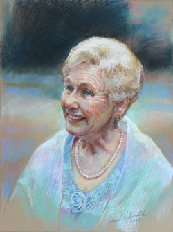 portrait painting of an elderly woman wearing a pearls, and a pastel-colored dress with a ribbon rosette on the neckline
