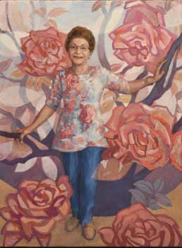 oil portrait painting of a woman standing before an abstracted motif of roses
