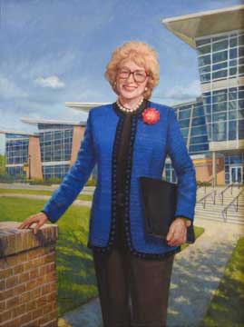 Portrait painting of a smiling University President before an architectural background