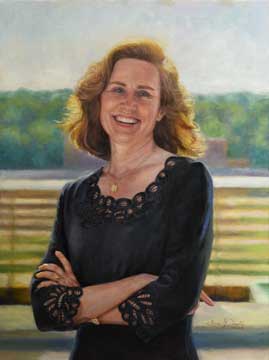 oil portrait painting of a backlit smiling professional woman wearing a dark blouse